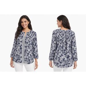 Crown & Ivy Women’s Large Blue White Floral Rayon Boho Peasant Blouse Top